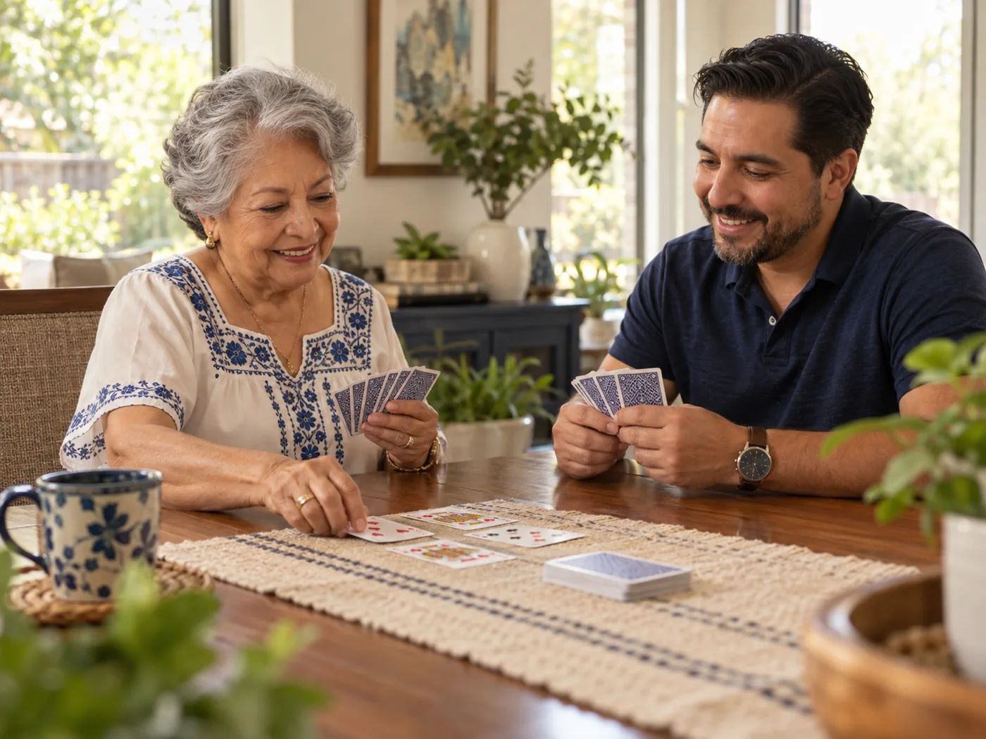A senior woman and companion enjoying a card game together at home
