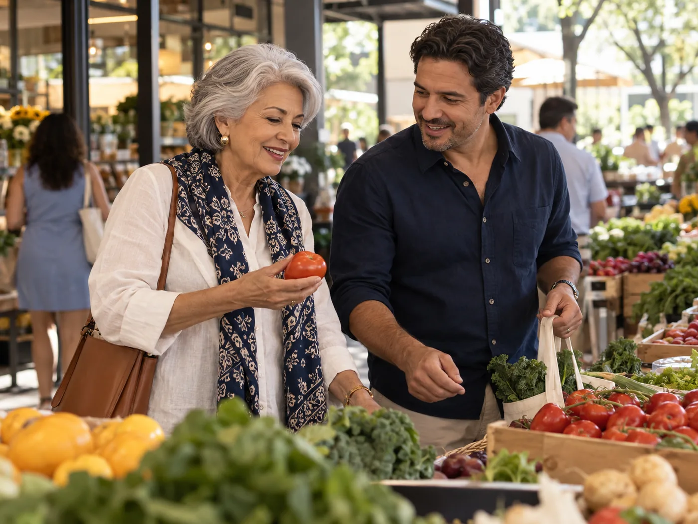 A senior woman and companion choosing fresh produce during a neighborhood market outing
