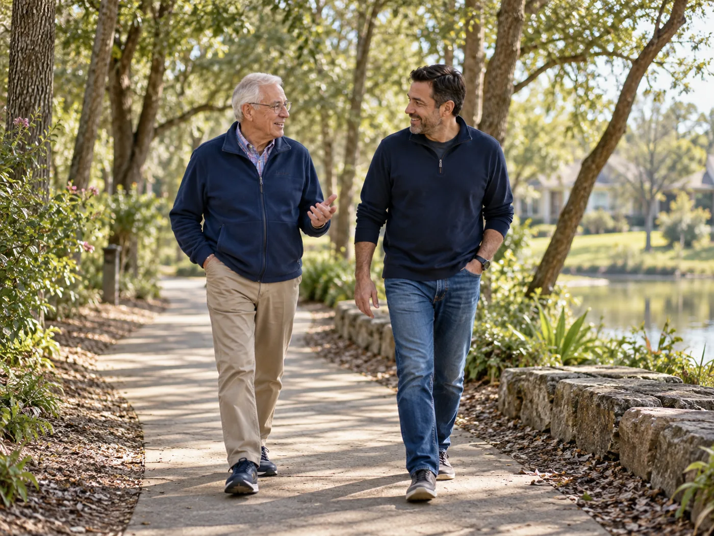 A senior man and companion talking while walking on a shaded neighborhood trail