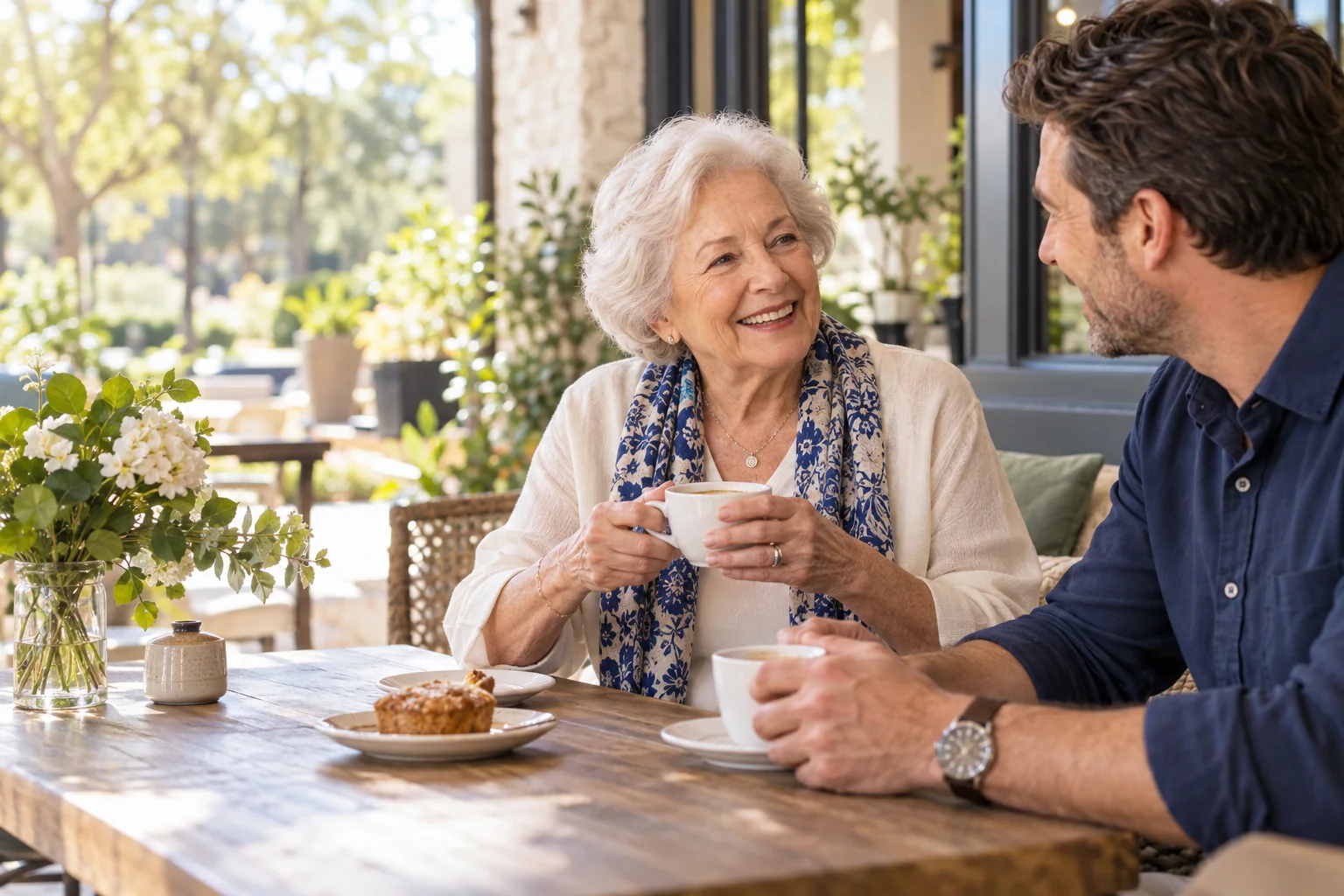 An older woman enjoying coffee and conversation with a companion in a sunlit setting